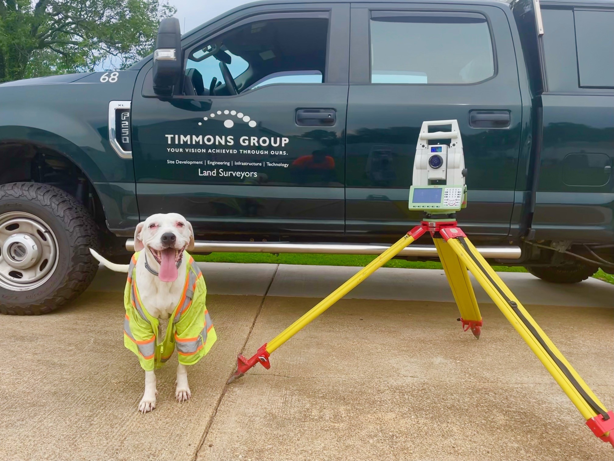 A white dog named Bandito wearing a Timmons Group safety vest. standing next to a survey camera behind a Timmons Group truck