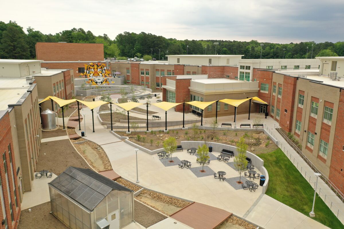 Aerial photo of Chapel Hill High School, Chapel Hill, North Carolina shwoing the courtyard.