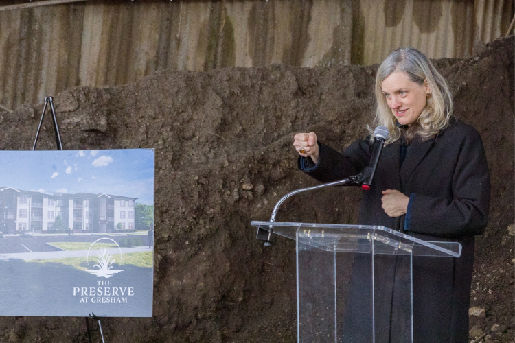 Mayor of Raleigh Janet Cowell speaking at a groundbreaking ceremony for an affordable housing project in Northwest Raleigh.